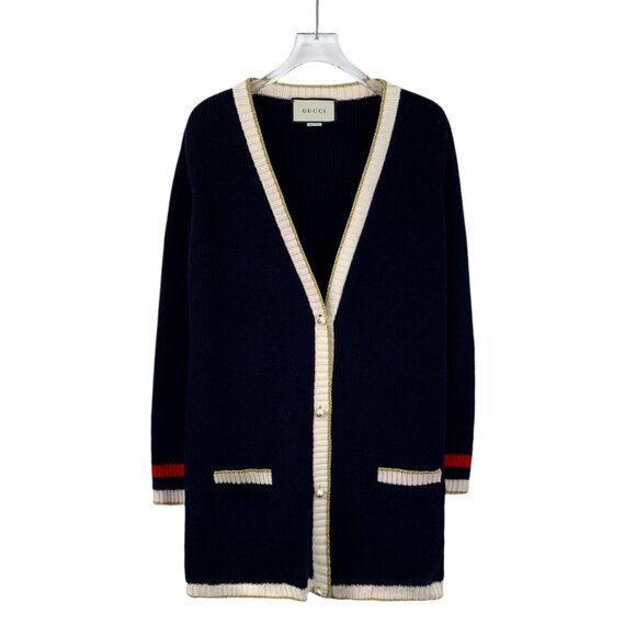 DW0178 Gucci Navy Wool Cardigan With Ivory Trim Red "Loved" Back Detail - Picture 1 of 8